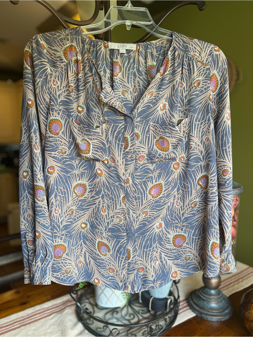 LOFT Blue Peacock-Print Long-Sleeve Top with Cream and Pink Accents